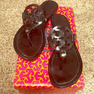 Tory Burch black patent Miller sandals